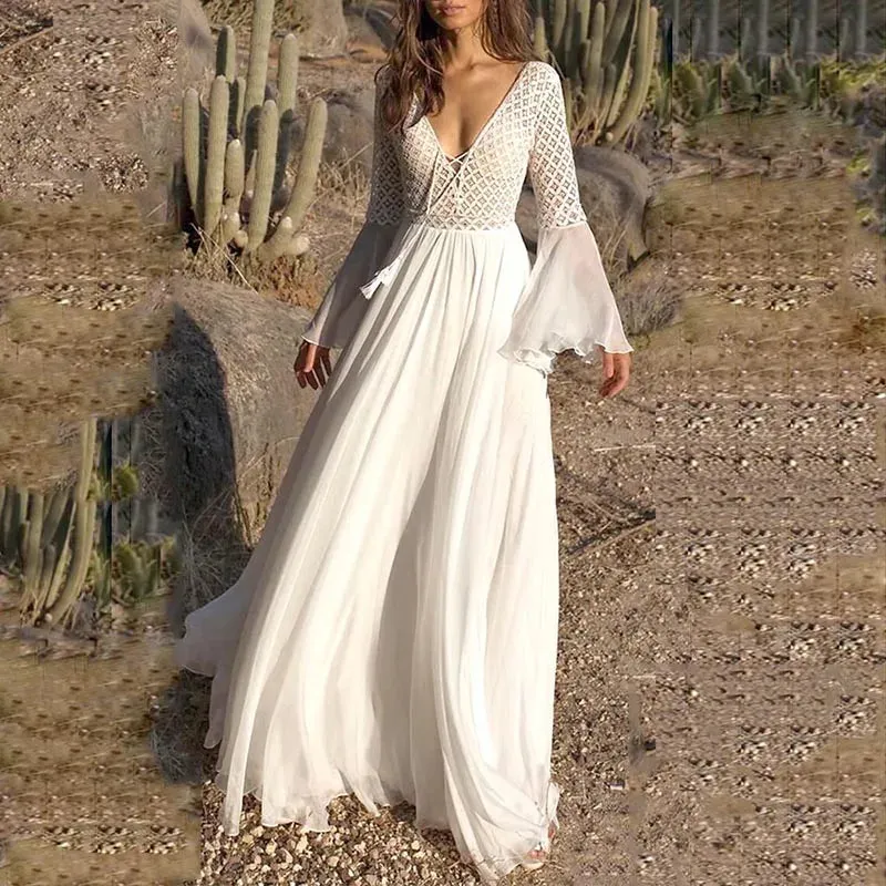 2024 Holiday Chic V-Neck Long Flare Sleeve Boho Maxi Dress