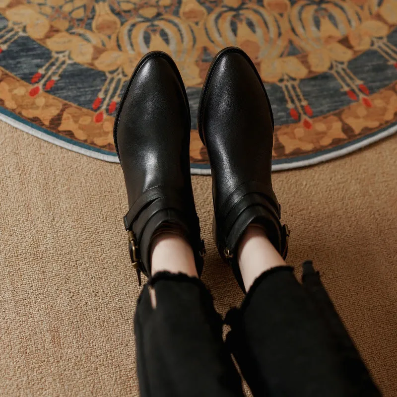 Classic Women's Leather Chelsea Boots Buckle Decorate and Side Zip in Black/Brown