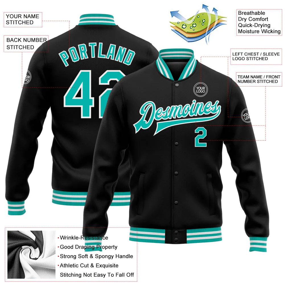 Custom Black Aqua-White Bomber Full-Snap Varsity Letterman Jacket