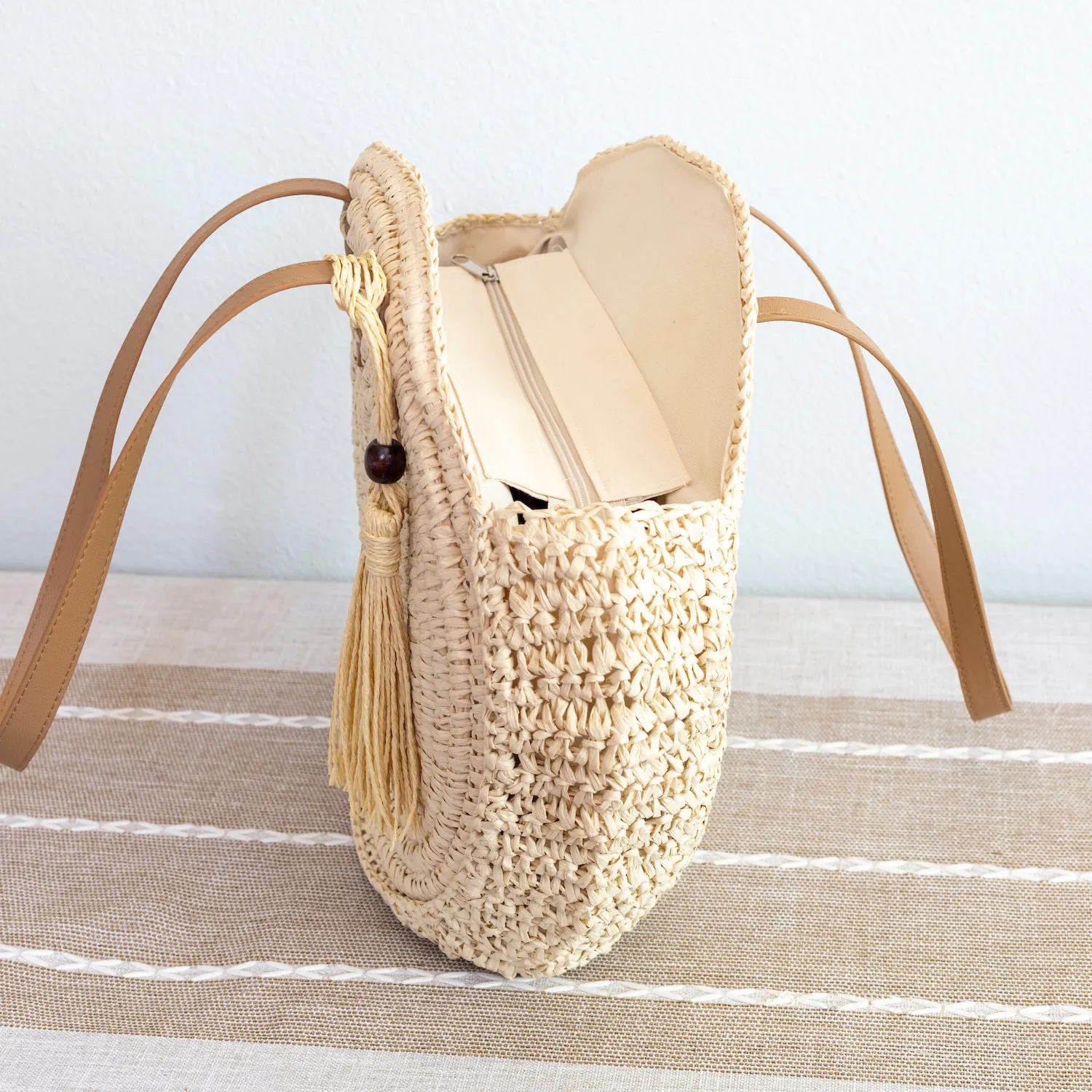 Elena Handbags Straw Woven Round Tote with Leather Strap and Tassel