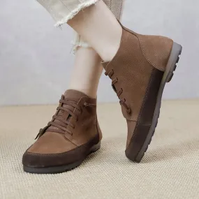 Handmade Flat Barefoot Shoes Soft Leather Ankle Booties Color Blocking in Coffee/Khaki