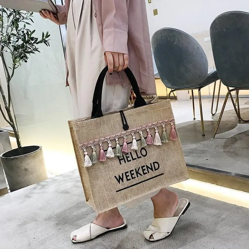 Hello Weekend Tassel Tote Bag