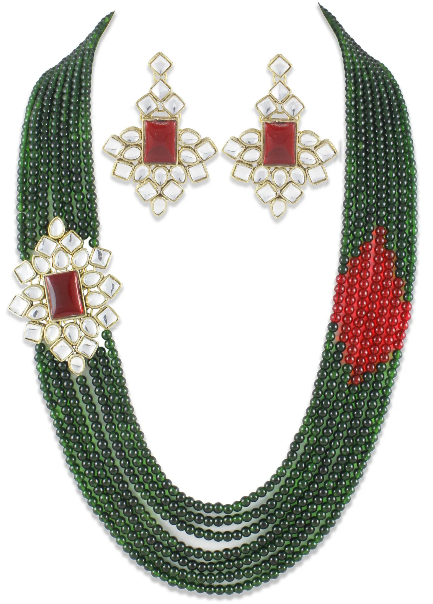 Hexagonal Red Brooch With Green Beads Kundan Rani Haar Necklace Set