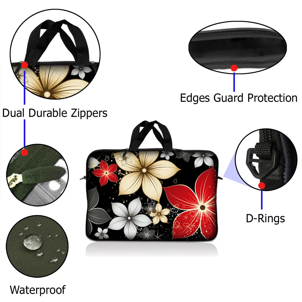 Laptop Notebook Sleeve Carrying Case with Carry Handle – Black Gray Red Flower Leaves