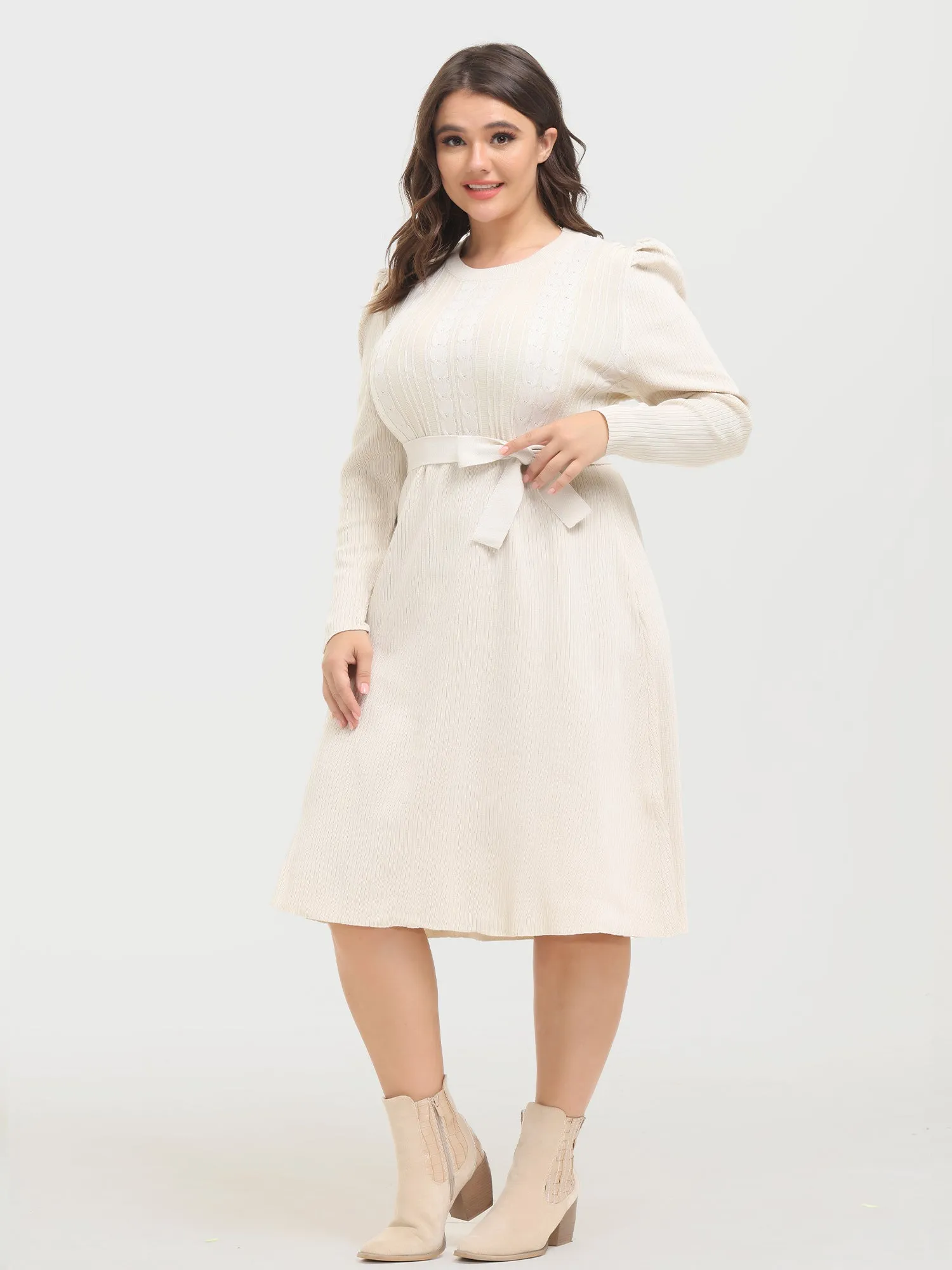 Midsize Slim Puff-Sleeve Knitted Midi Dress with Belt