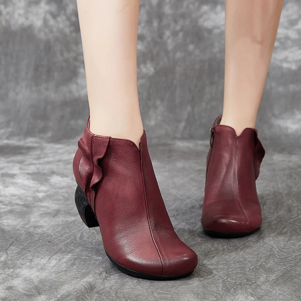 Retro Leather Handmade Women's Chunky Booties