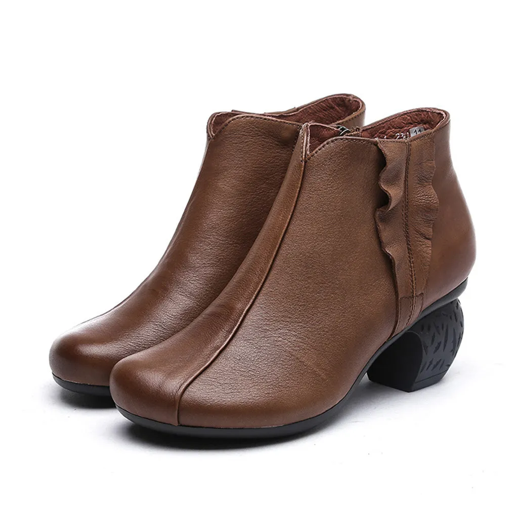 Retro Leather Handmade Women's Chunky Booties