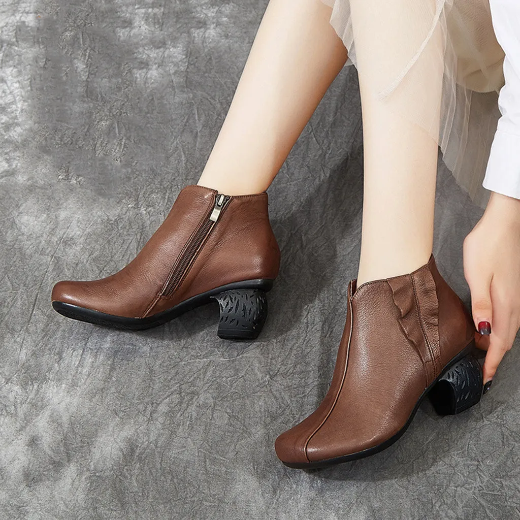 Retro Leather Handmade Women's Chunky Booties