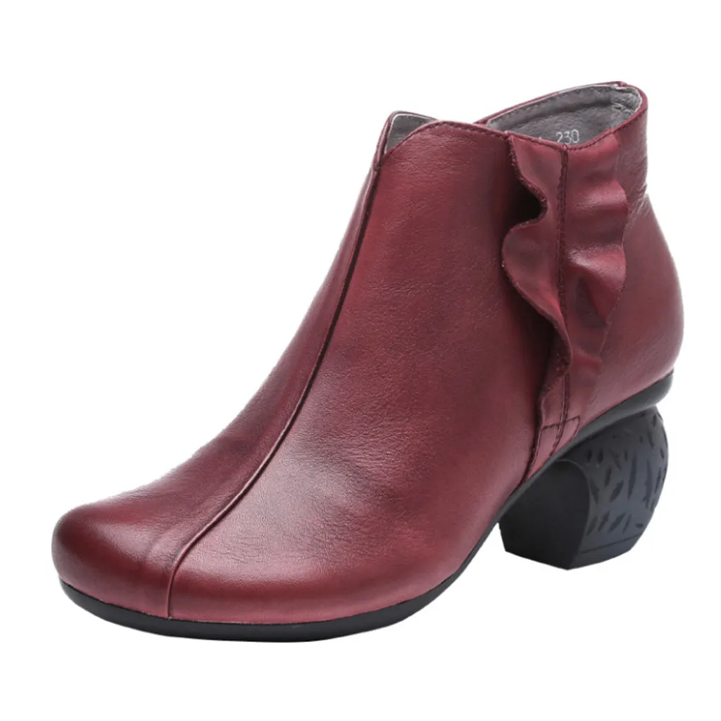 Retro Leather Handmade Women's Chunky Booties