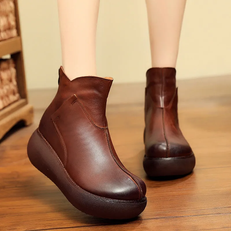 Retro Leather Plush Winter Wedge Boots