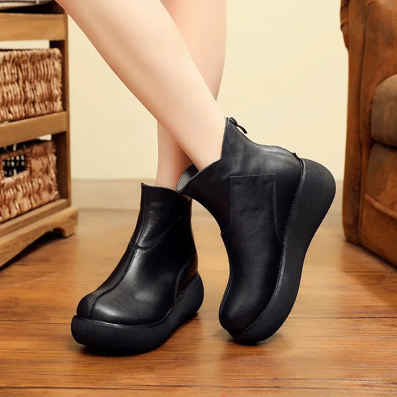 Retro Leather Plush Winter Wedge Boots