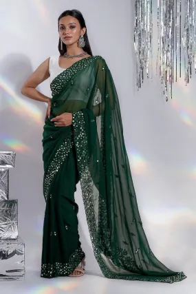 Teejh Amraya Bottle Green Georgette Mirror Work Saree