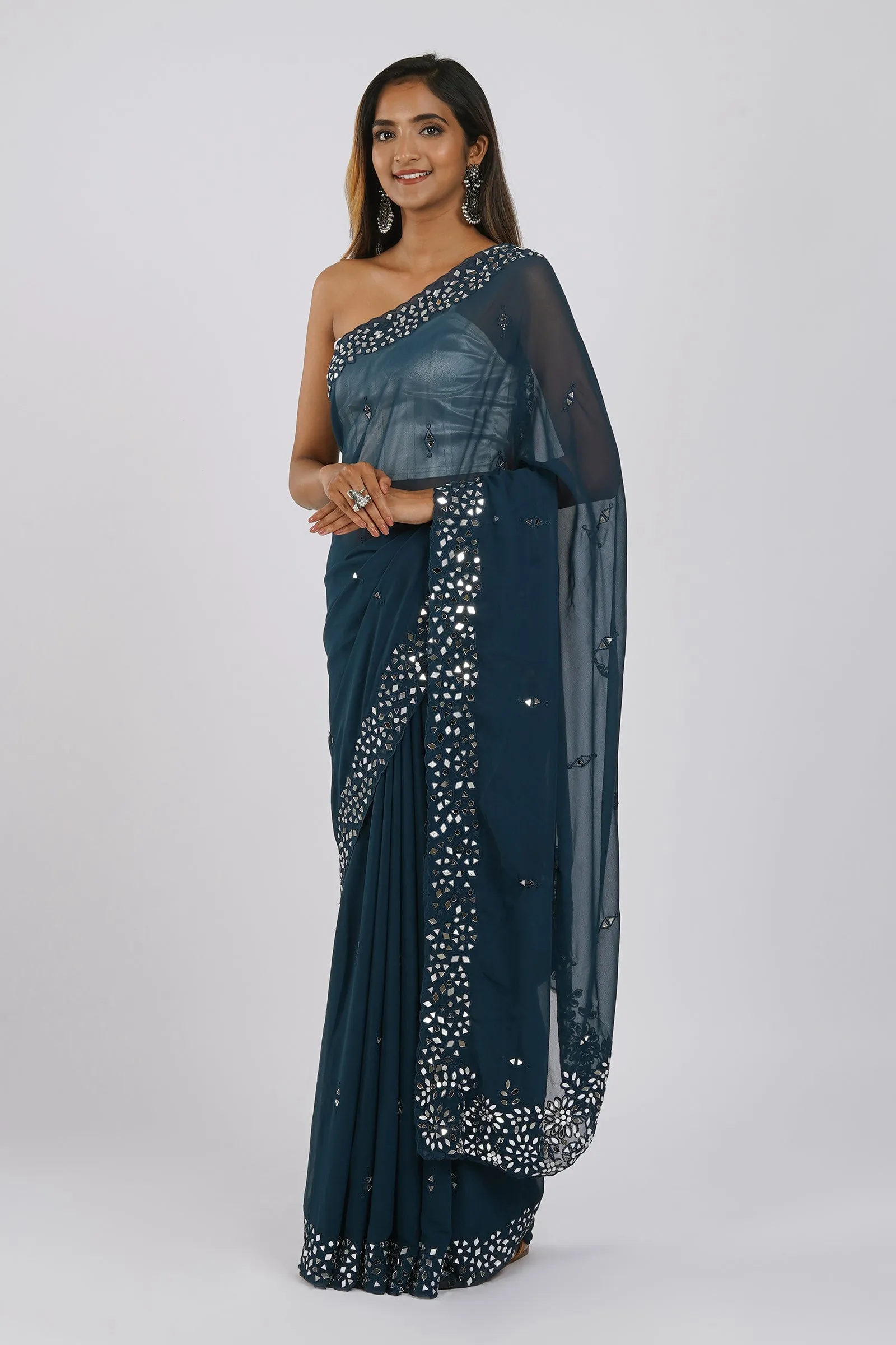 Teejh Amraya Teal Georgette Mirror Work Saree