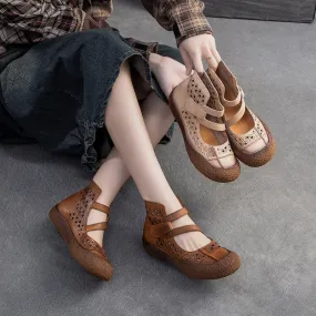 Vintage Summer Boots Sandals Hollowed Round Toe Velcro Ankle Leather Sandals