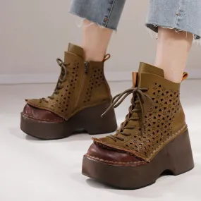 Women's 85mm Platform Ankle Booties Round Toe Design Cut Out Martin Boots Brown/Khaki