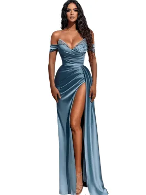 Women's Beaded Off Shoulder Satin Evening Dress