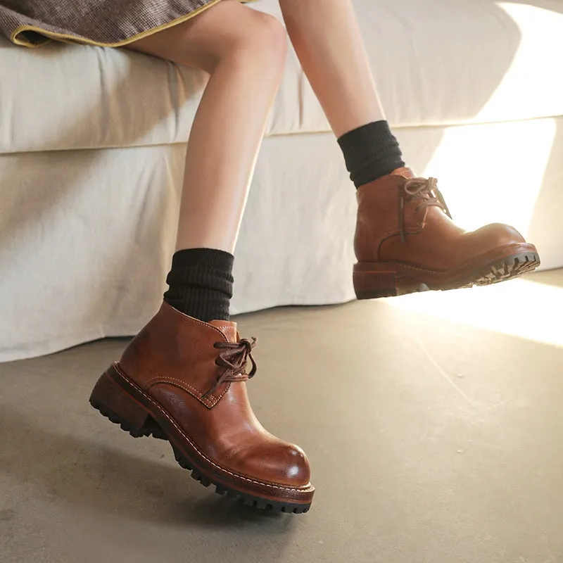 Women's Leather Booties Round Toe Lace-Up Ankle Boots Handmade in Brown/Coffee