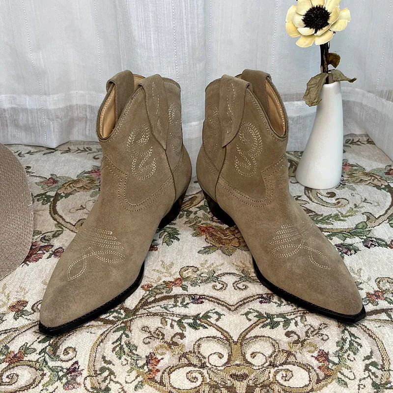 Womens Western Embroidered Ankle Boots - Suede Khaki/Black/Brown Cowgirl Boots All Genuine Leather