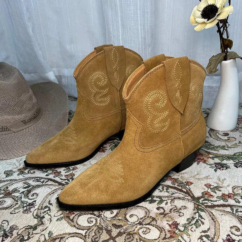 Womens Western Embroidered Ankle Boots - Suede Khaki/Black/Brown Cowgirl Boots All Genuine Leather