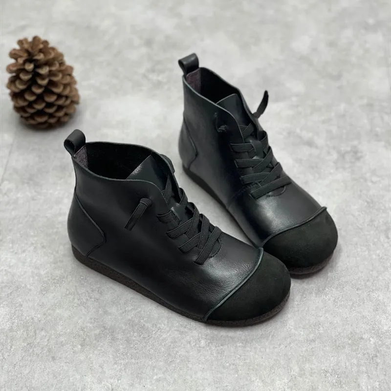 Zero Drop Genuine Leather Soft Barefoot Boots For Women Round Toe Lace Up Mori Girl Style Ankle Boots Wide Fit Black/Coffee