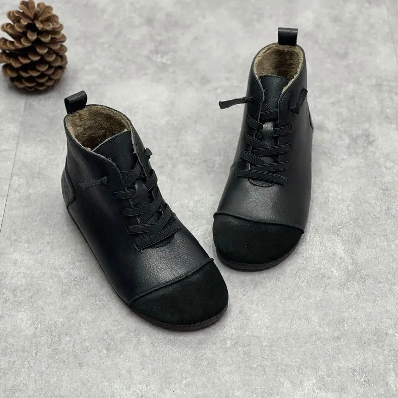 Zero Drop Genuine Leather Soft Barefoot Boots For Women Round Toe Lace Up Mori Girl Style Ankle Boots Wide Fit Black/Coffee